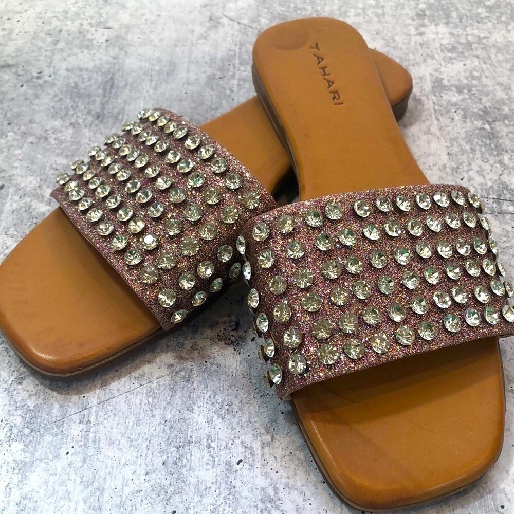 Tahari Sparkly Embellished Comfy Slide Tan Sandals Women’s Size 7.5 Brand New